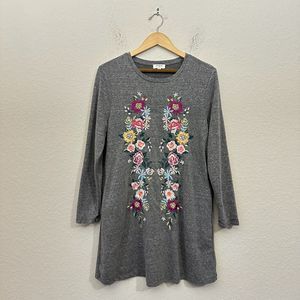 UMGEE USA Long Sleeve Floral Embroidered Pocket T-Shirt Dress in Grey